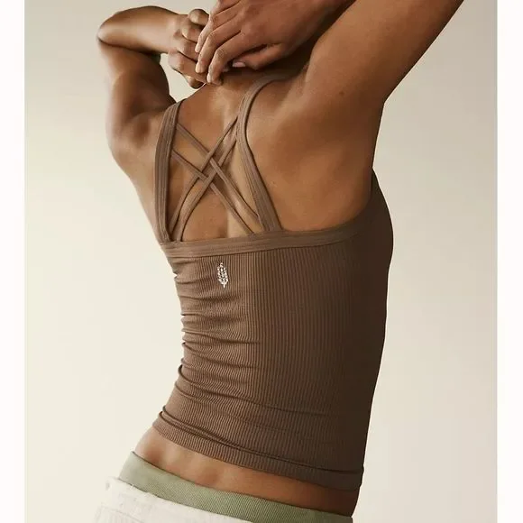 FREE PEOPLE | NWOT Happiness Runs Strappy Back Long Crop in Wild Mustang - Picture 3 of 6